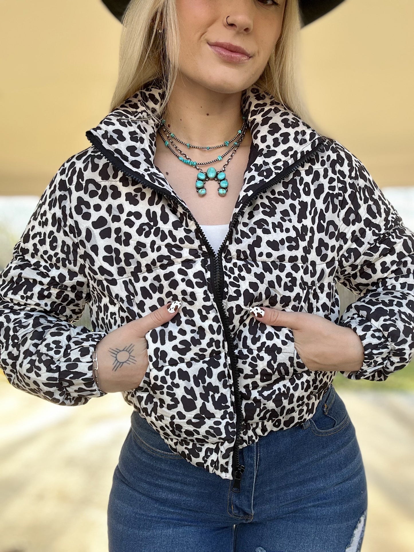 Black Leopard Cropped Puffer