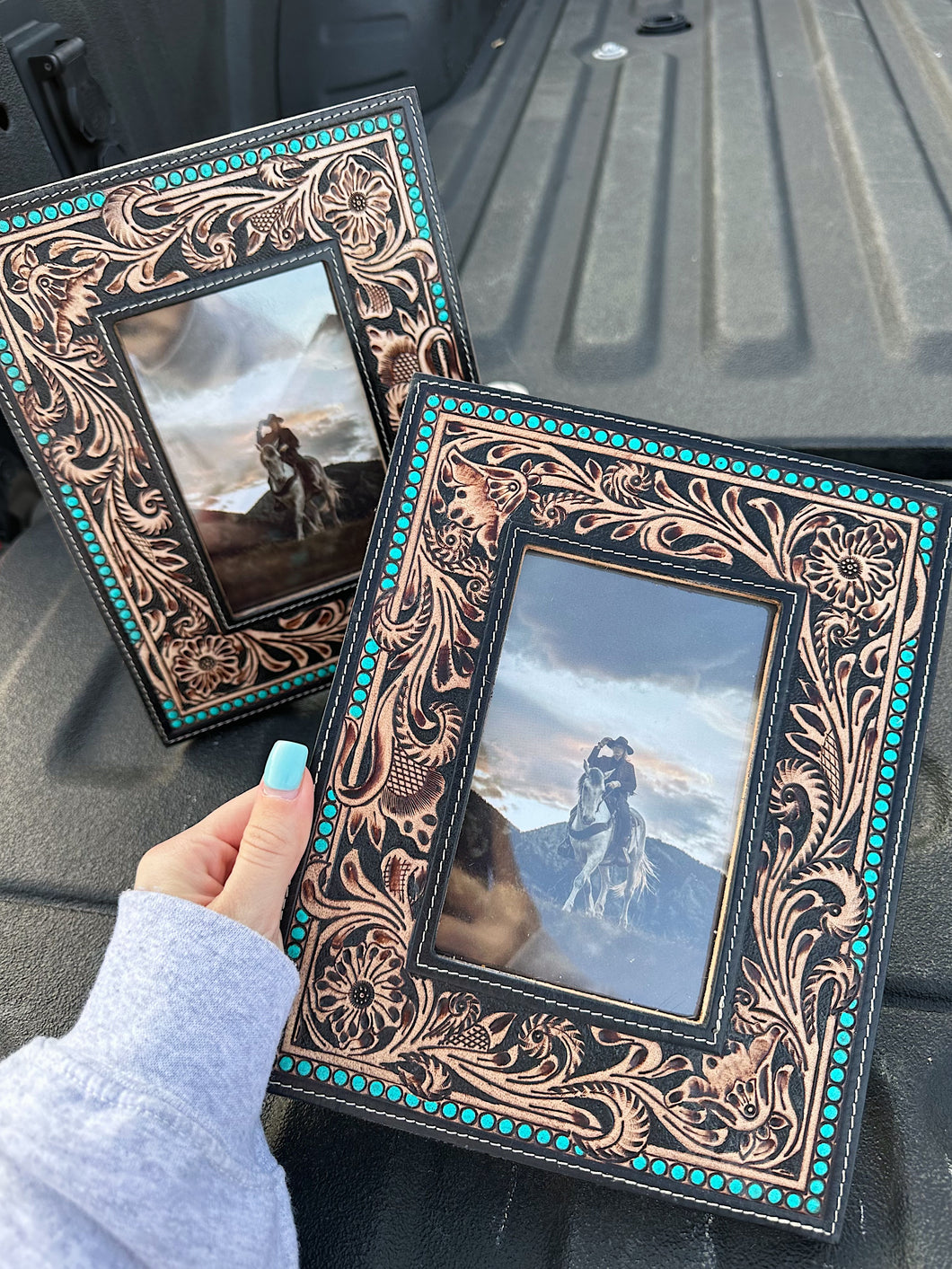 Turquoise Tooled Leather Picture Frame