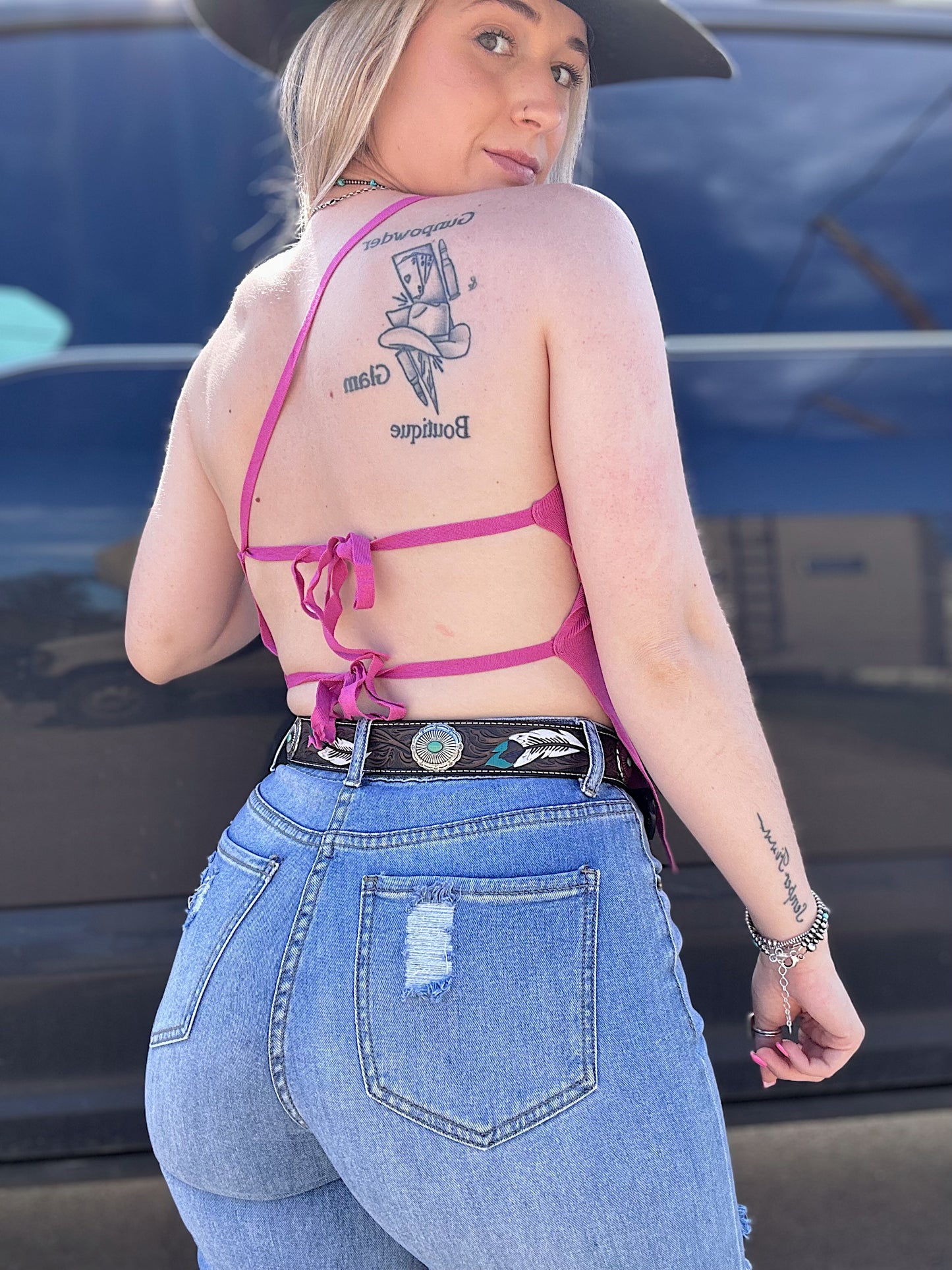 Open Back Tie Tank (Pink)