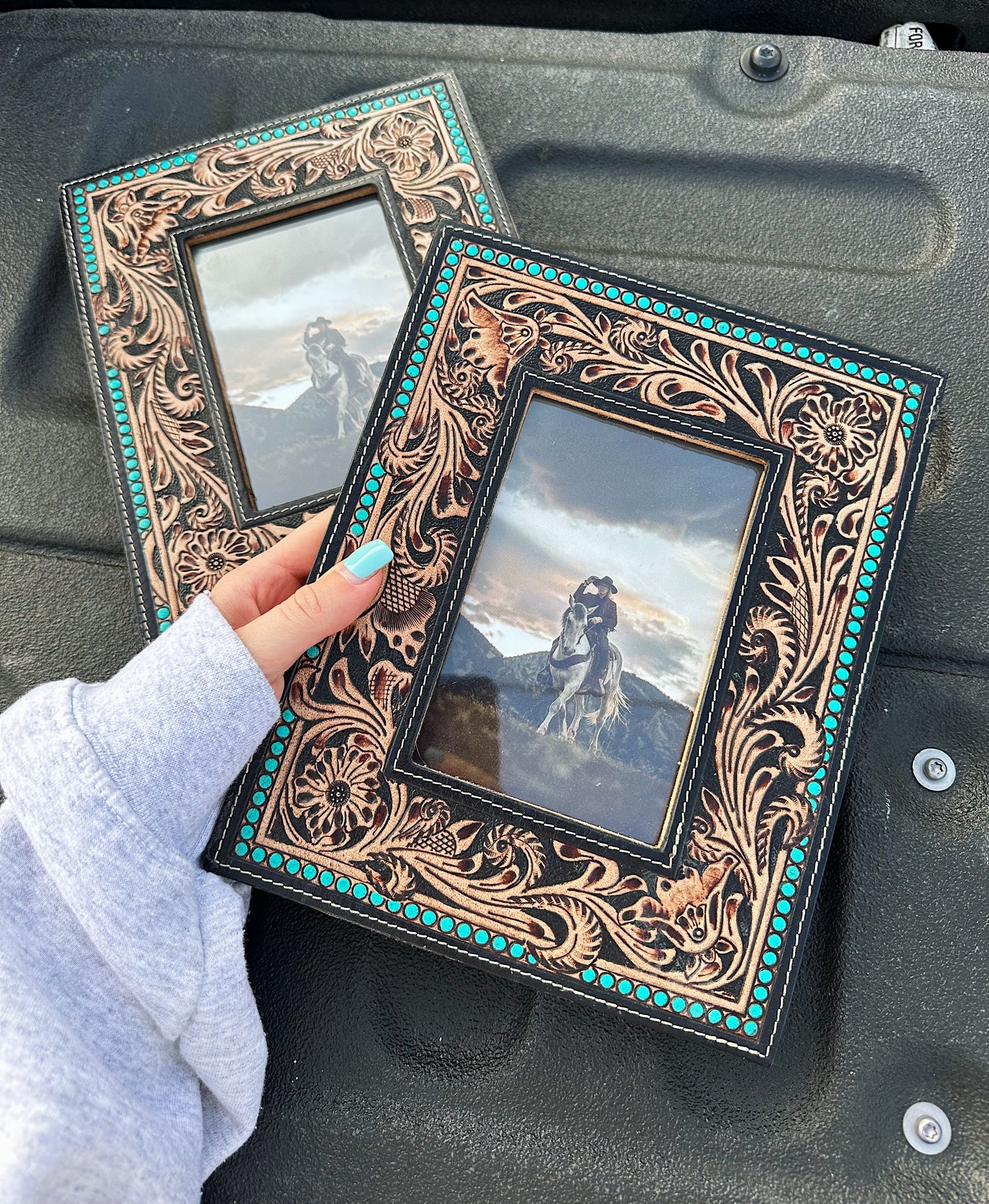 Turquoise Tooled Leather Picture Frame