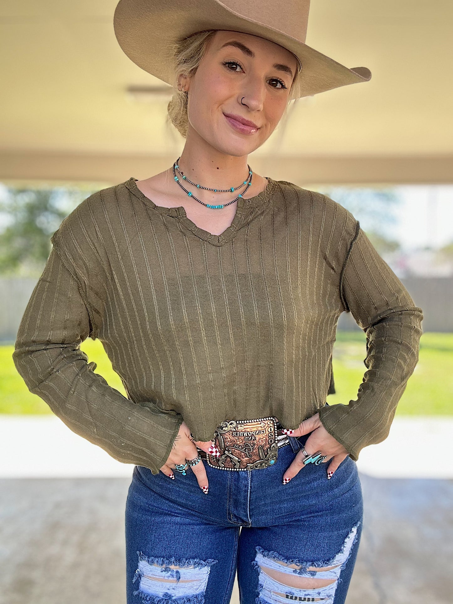Olive Green Long Sleeve Crop